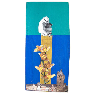 Original mixed media collage on pine wood featuring a black and white man crouching in contemplation atop a golden column, surrounded by yellow orchids, above a European cityscape, against bold teal and cobalt blue painted fields