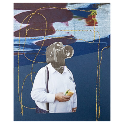 Original mixed media collage on photo mat board featuring a figure in a white shirt and suspenders with a vintage film camera for a head, holding a sandwich, surrounded by hand-stitched gold thread lines against a deep blue and painted abstract background