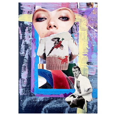 Original mixed media collage featuring a cropped female gaze, vintage bird sweater cutout, black and white male figure with drum, layered over acrylic paint strokes in lavender, yellow, and blue-gray